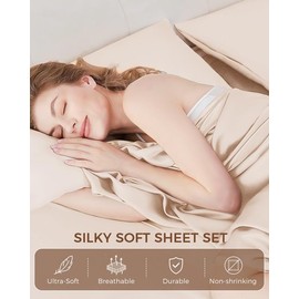 Tokokimo Extra Deep Pocket Queen Sheets Set - 4 Piece Ultra Soft Microfiber Bedding Set, Hotel Luxury Queen Size Fitted Sheet with Double Side Pocket - Wrinkle Free, Fade, Breathable (Queen, Beige)