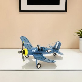 Homeroots 5" Blue and Yellow Metal Hand Painted Model Airplane Tabletop Sculpture