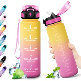 KollyKolla Fitness Trinkflasche 1L, Große Trinkflasche mit Strohhalm, Wasserflasche Auslaufsicher, Trinkflasche Kohlensäure Geeignet, Trinkflasche mit Zeitmarkierungen, Sportflasche für Erwachsener