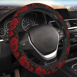 Cubierta de volante estética con rosa roja para mujeres, hombres, niñas, accesorios de auto, decoración, antideslizante, neopreno, cubierta de volante