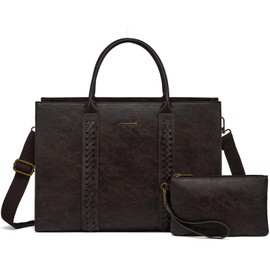 LOVEVOOK Laptop Tote Bag for Women, Vintage Leather Work Bags 15.6 inch Laptop Bag, Waterproof Computer Bag Business Office Briefcase, Coffee