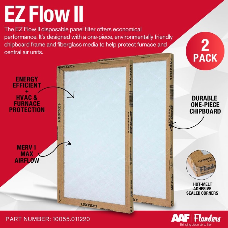 Flanders EZ-Flow II 12x20x1 Air Filters, MERV 1, Furnace, HVAC,