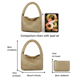 NOBLIFE Woven Bag for Women, Small Vegan Leather Summer Beach Purse, and Travel Handbags Ladies' Retro Chic Shoulder Bags (Gold)