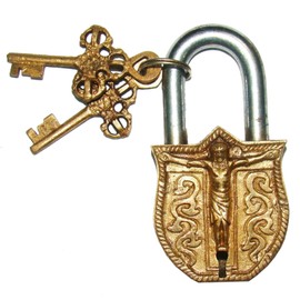 Purpledip Brass Padlock with Crucifix Relief Depicting Jesus Christ on The Cross (10318)