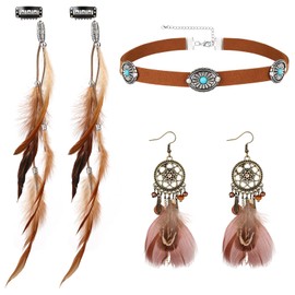 MWOOT Feather Hair Accessory Clip, Indian Feather Hair Extensions Women, Retro Drop Leather Choker Necklace, Dream Catcher Earrings, Boho Tribal Jewellery Set for Women, Carnival, Cosplay, Tribal