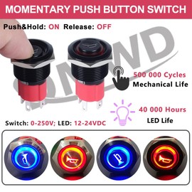 DMWD 19mm Horn Metal Push Button Switch Heavy Duty 20Amp 12V-24V (ON)-Off Momentary Horn/Speaker Switch Waterproof Anti-Vandal with Pigtail for 3/4" Mounting Hole Red LED Black Shell