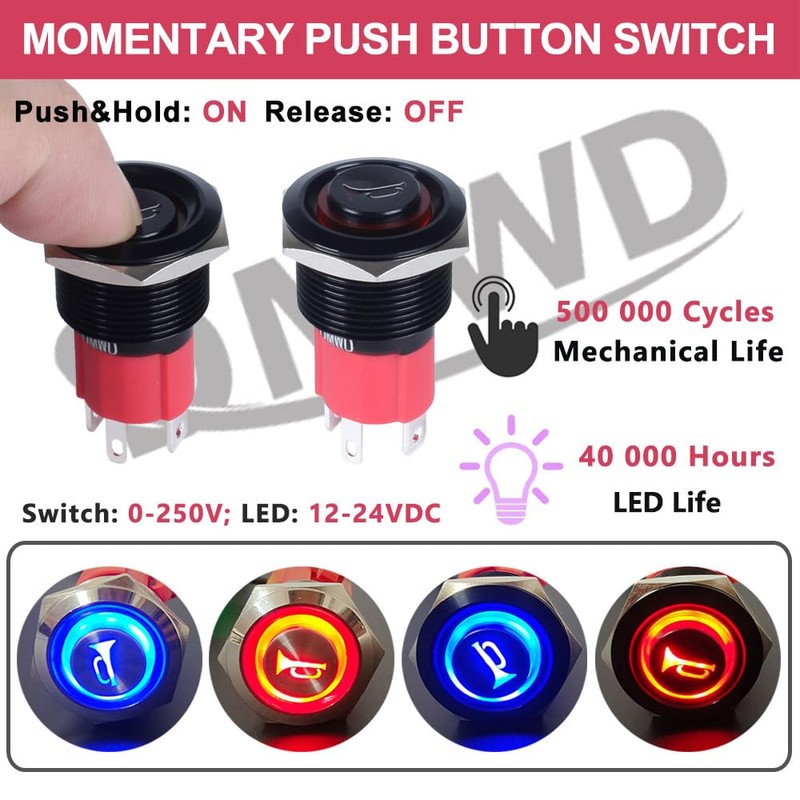 DMWD 19mm Horn Metal Push Button Switch Heavy Duty 20Amp