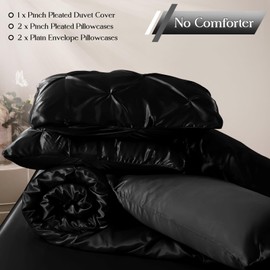 Heywaller 5-Piece Pinch Pleat Duvet Cover Set, Pintuck Duvet Cover Queen Size with Zipper, Black Satin Duvet Cover Shabby Chic Bedding (2 Pillow Shams + 2 Pillowcases), No Comforter