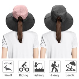 IYEBRAO 2 Pieces Womens UV Protection Ponytail Sun Hat UPF 50+ Summer Foldable Mesh Boonie Cap for Beach Gardening Fishing Hiking (Pink & Grey)