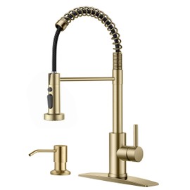 FORIOUS Kitchen Faucet with Soap Dispenser, Gold Stainless Steel Single Handle Spring Commercial Sink Faucet with Pull Down Sprayer for RV Camp Bar Farmhouse
