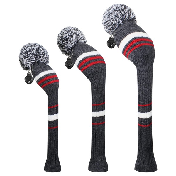 Scott Edward 3pc Driver (460cc) Fairway Wood Hybrid Golf Headcovers with Rotating Number Tags Gray White Red Stripe Style