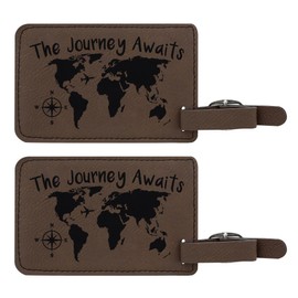 The Journey Awaits Globe Luggage Tag Travel Gifts for Men Study Abroad Gifts for Travel 2-pack Laser Engraved Leatherette Luggage Tags Brown