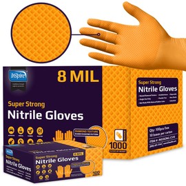 Inspire Heavy Duty Orange Nitrile Disposable Gloves | ULTRA 8 Mil Diamond Textured Grip | Industrial Mechanic Food (1000, Large)