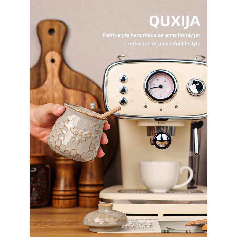 QUXIJA Ceramic Honey Jar with Dipper and Lid 10oz, Honey