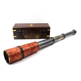 Nautical Vintage Brass & Leather Handheld Functional Telescope with Wooden Case - Pirate Spyglass, Sailor Gift