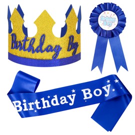 RosewineC Blue 3 Pcs Birthday Boy Sash Tiara and Badge,Birthday Boy Crown Headband Birthday Boy Party Dress-Up Set Birthday Boy Party Supplies for Boys Birthday Party