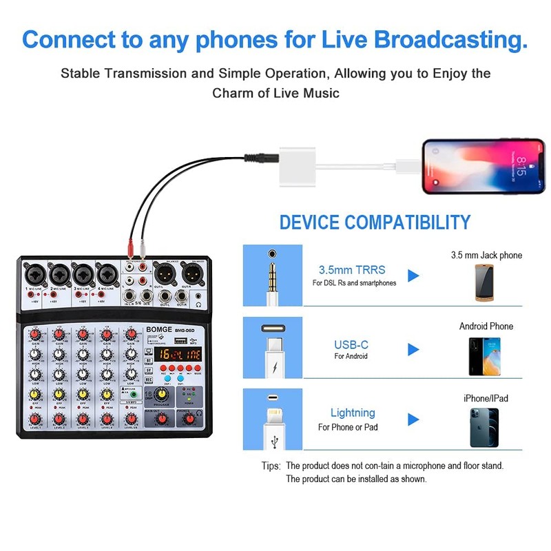 BOMGE 6 Channel Audio Sound Mixer - Professional Digital DJ