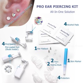 KRFY Ear Piercing Kit Sets, Disposable Stainless Steel Ear Piercing Gun with Preloaded Stud Earrings for Women, Self Pierce Studs Kit Tool, Flat Back Hoop Earrings Cartilage Jewelry Two Silver