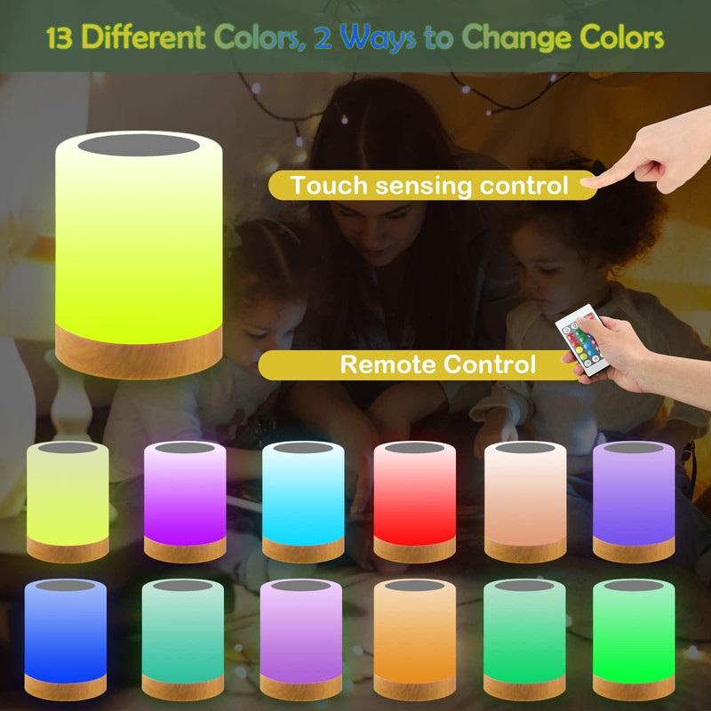 JOPHEK LED Bedside Lamp, Touch-Sensitive Night Light, 13 Colours, 3