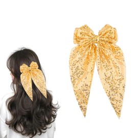 Glittery Yellow Bow Hair Clips for Women Girls Large Sequin Bowknot Hair Barrettes Ribbon Ties for Teenagers Kids Long Tail Bow Hairpin Headdress Decor Accessories for Fine Thick Long Thin Hairs