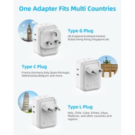 European Travel Plug Adapter USB C, US to EU/UK Plug Adapter- 4AC Outlets 4 USB Charger, International Power Adaptor kit Include Type G/C/L for American to England Italy France Germany Greece