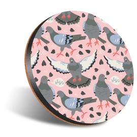 1 x Round Jumbo Size Coaster 12cm Pink Pigeon Bird Pattern Seeds Hello Cork Backed MDF Glossy Tea Coffee Accessory #170760