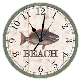 Beach Clock Blackhead Seabream Hanging Clock Beach Party 10inch Silent Non-Ticking Battery Operated Chic Wood Wall Clocks Decorative for Classroom Kitchen Living Room Bathroom