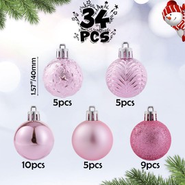 34ct Pink Mini Christmas Ball Ornaments Shatterproof Plastic Christmas Tree Decorations for Xmas Party Home Office Holiday Decor -Small Size (1.57"/ 40mm)