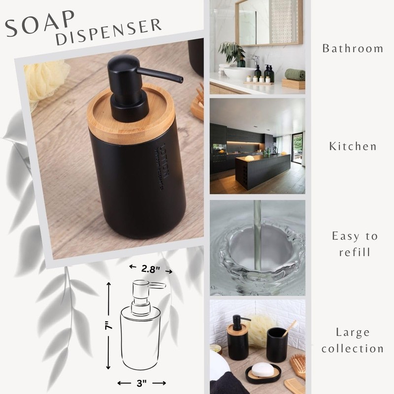 Sleek Matte Black Soap Dispenser with Natural Bamboo Detail -