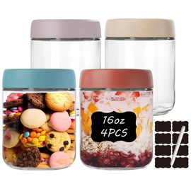 4 Pack 16oz Glass Jars with Lids Overnight Oats Meal Prep Portion Control Containers Snack Pudding Yogurt Cereal Salad Food Storage Cups Bowls Airtight with Stickers and Marker