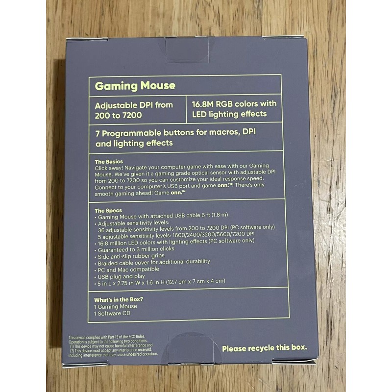 ONN Gaming Mouse with attached USB power cable 6 ft