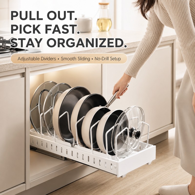 Pull-Out Pot and Pan Lid Organizer Rack for Kitchen Cabinet,