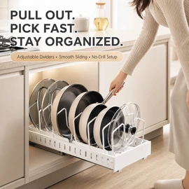 Pull-Out Pot and Pan Lid Organizer Rack for Kitchen Cabinet, White Sliding Cookware Storage Holder