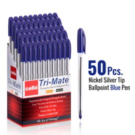 Cello Blue Pen Pack of 50 Ballpoint Pens, Smooth Writing Action - Medium Point (1.0mm) Trinanguler Grip Black multipack, Ball Point Pens; Ideal for School, Work, Home stationary supplies