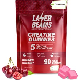 Laser Beams Creatine Monohydrate Gummies for Women & Men - 5g Creapure Creatine per Serving - Vegan, Cosmic Cherry Flavor - Boost Muscle Strength, Endurance, Recovery & Mental Focus (90 Gummies)