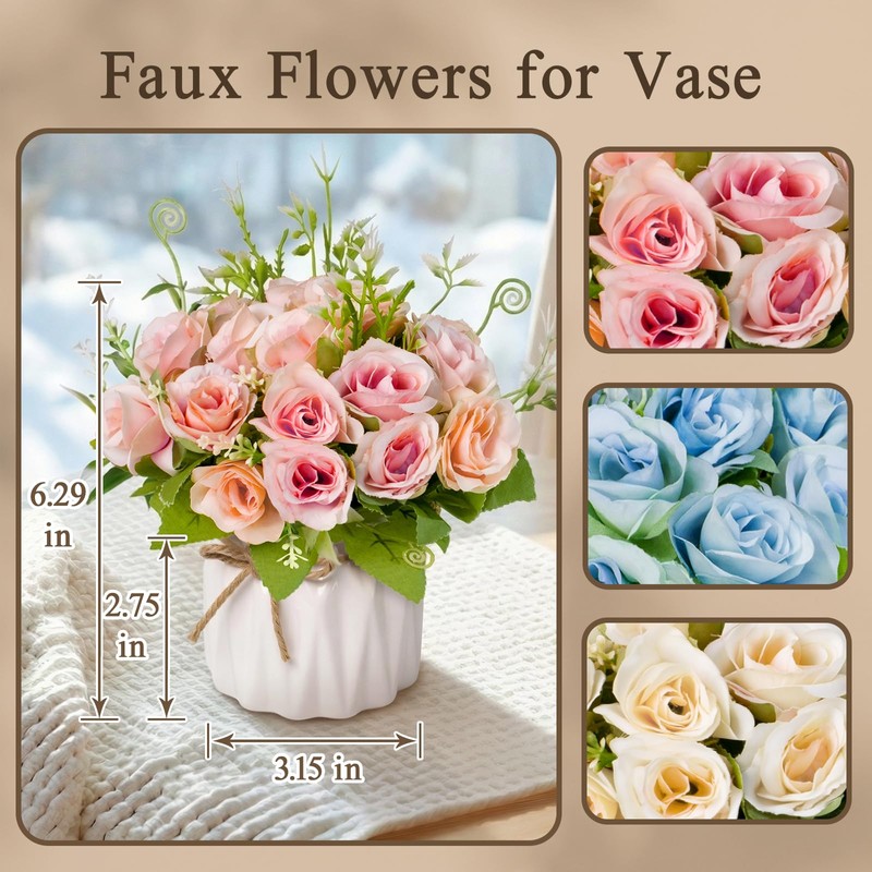 Mandarooker Fake Flowers with Vase,Pink Roses Artificial Flowers in Vase