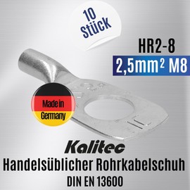 Kalitec HR2-8 Standard Tube Cable Lugs 2.5 mm² M8 I Without Viewing Hole I Made in Germany Pack of 10