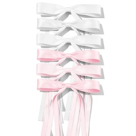 6Pcs White Hair Bows Silky Satin Bow Hair Clip for Women Girls Pink Tassel Ribbon Ponytail Holder Barrettes Decor Hair Accessories for Toddlers Teens