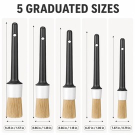Car Detailing Brush Set, 5-Piece Boar Hair Car Cleaning Brushes for Interior Air Vents, Dashboard, Wheels, Rims and Crevices, Black Handles
