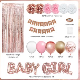 Rose Gold Party Baby Shower Decorations for Girl with Welcome Baby Banner Baby Girls Rose Gold Pink Gold White Foil Balloons Paper Pom Poms Fringe Curtains for Baby Shower Reveal Party Supplies
