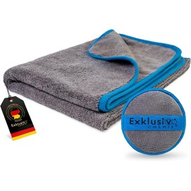 Exklusiv Chemie® Trockentuch Extra Groß - 90 x 60 cm - 470 GSM + Handpolierschwamm | Saugstark, Fusselfrei & Lackschonend | Mikrofasertuch Auto Groß | Extra Weiche Autopflegetücher | Q3