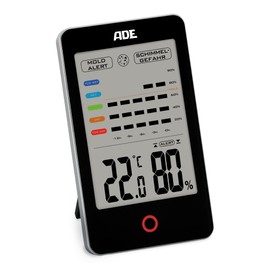 ADE Digital Hygrometer Indoor with Mould Alarm | Moisture Meter with Thermometer | Temperature and Humidity Meter | Large LCD Display | Black
