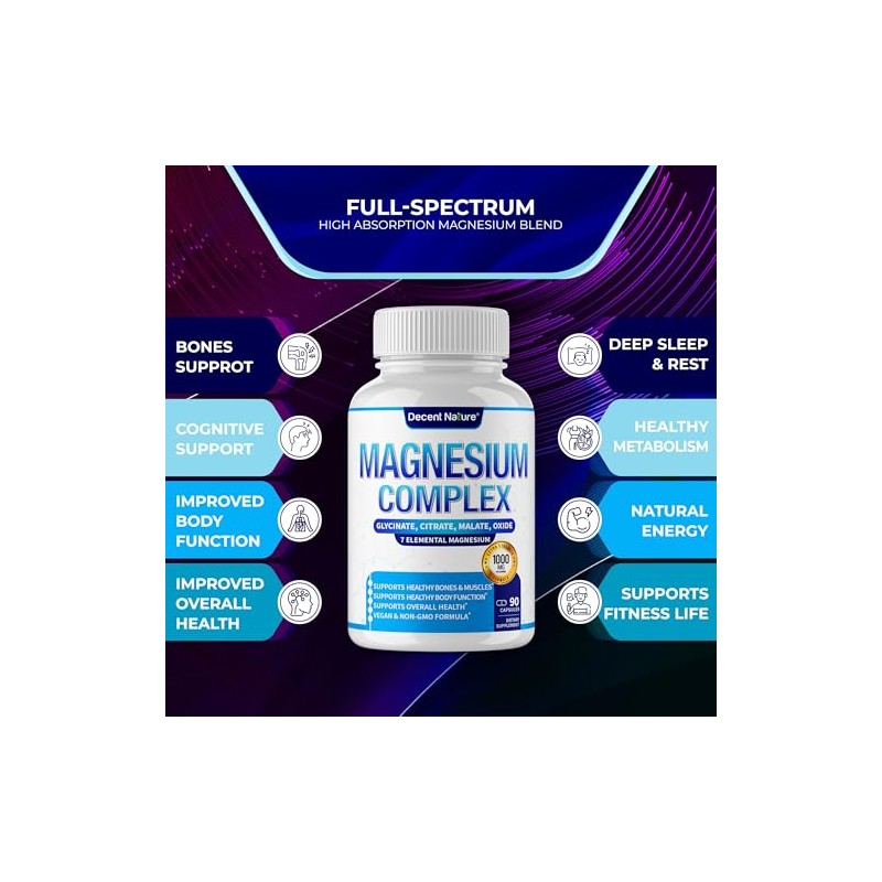 Decent Nature Complejo Magnesio Elemental Suplemento 1000mg Glicinato Citrato Malato