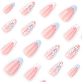 24Pcs Flower Press On Nails Almond Medium Fake Nails Nude Pink Nails Press Ons With Blue White Flower Designs Acrylic Nails Full Cover False Nails Glossy Artificial Stick On Nails For Women