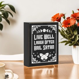 Putuo Decor Goth Room Decor Wooden Box Signs With Sayings, Live Well Laugh Often Hail Satan, Inspirational Funny Desk Decor Satanic Decor for Home Office Bedroom Kitchen Decor 4.7 x 5.9 In
