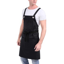 Professional Kitchen Apron for Chef, Artist, Grill, BBQ, Shop, Cross Back + Fasten/Quick Release Buckle + 6 Pockets with 1 Zipper Pocket + 2 Towel Loops, Adjustable M to XXL (100% Cotton, 27" X 31")