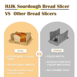HJJK Bread Slicer for Homemade Bread, Bamboo Bread Slicers with Crumb Tray, 11″ Adjustable Large Wide Capacity, Bread Slicer Guide(Natural color)