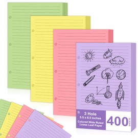 400 hojas de papel de hojas sueltas de rayas anchas de color 5.5 x 8.5 pulgadas, media letra, 3 anillos, papel de relleno de cuaderno con rayas universitarias, 3 agujeros perforados para la escuela y