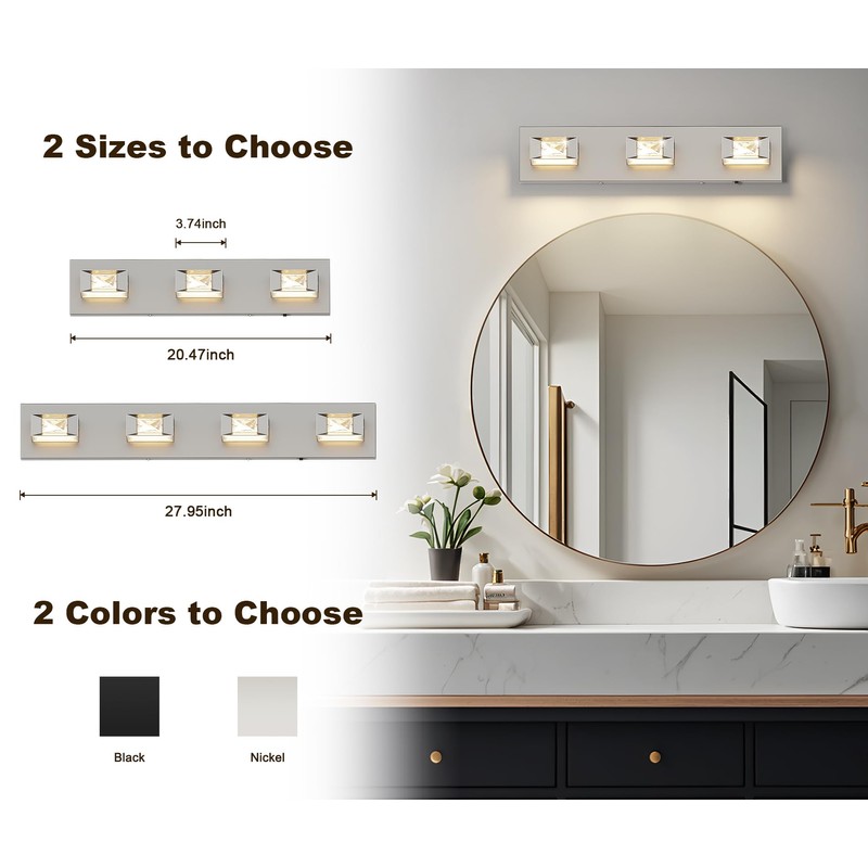 Joossnwell Brushed Nickel Bathroom Vanity Light Crystal 5CCT Dimmable Bathroom
