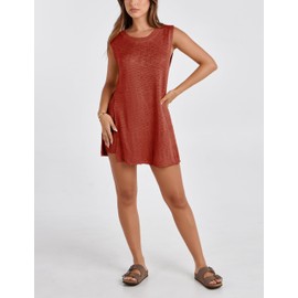 SeekMe Womens Summer Knit Sweater Set Sleeveless Tunic Top Matching Shorts 2 Piece Outfits Trendy Beach Vacation Set(1887-RustRedX1-M-FY)